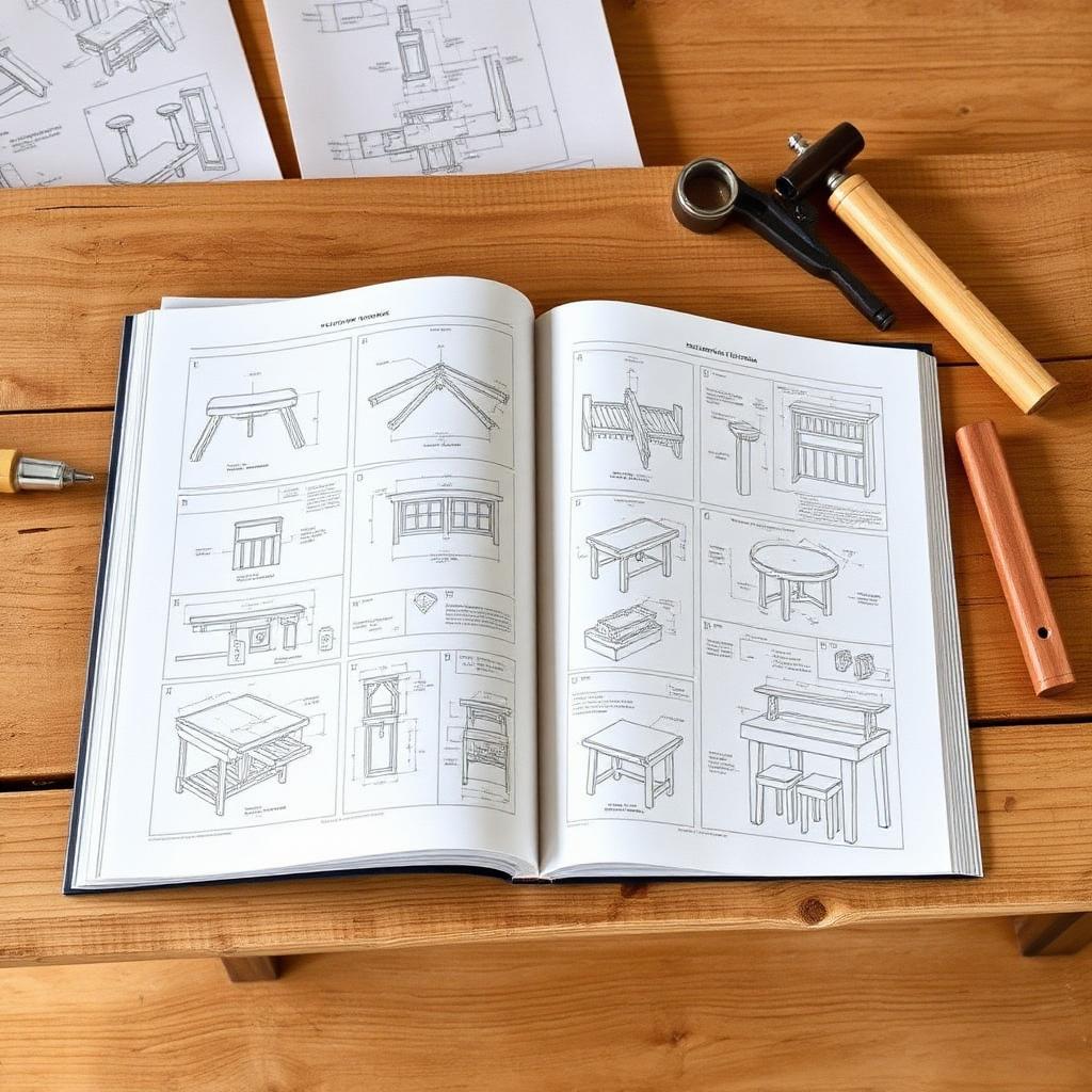 Beginner friendly woodworking blueprints ebook open on a workbench
