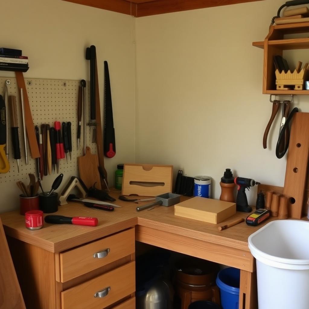 Small workshop wood projects ideas book inside a tidy garage corner