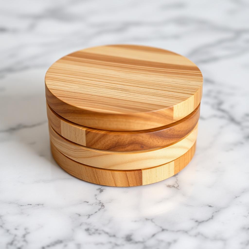Wooden coasters DIY stacked on a marble counter