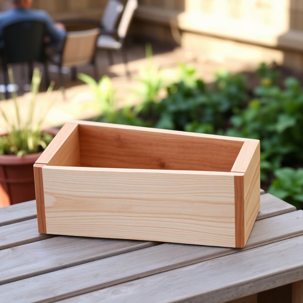 Wooden planter box DIY freshly built on a garden table